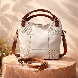 Clarks Ivory Perforated Block Pattern Faux Leather Detachable Crossbody Strap